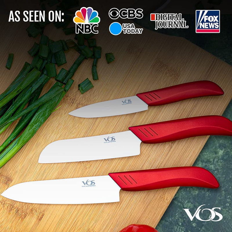 Vos Ceramic Knife Set, Ceramic Knives Set For Kitchen, Ceramic Kitchen Knives With Covers, Ceramic Paring Knife 4", 5", 6" Inch Red 3 Pcs - BeesActive Australia