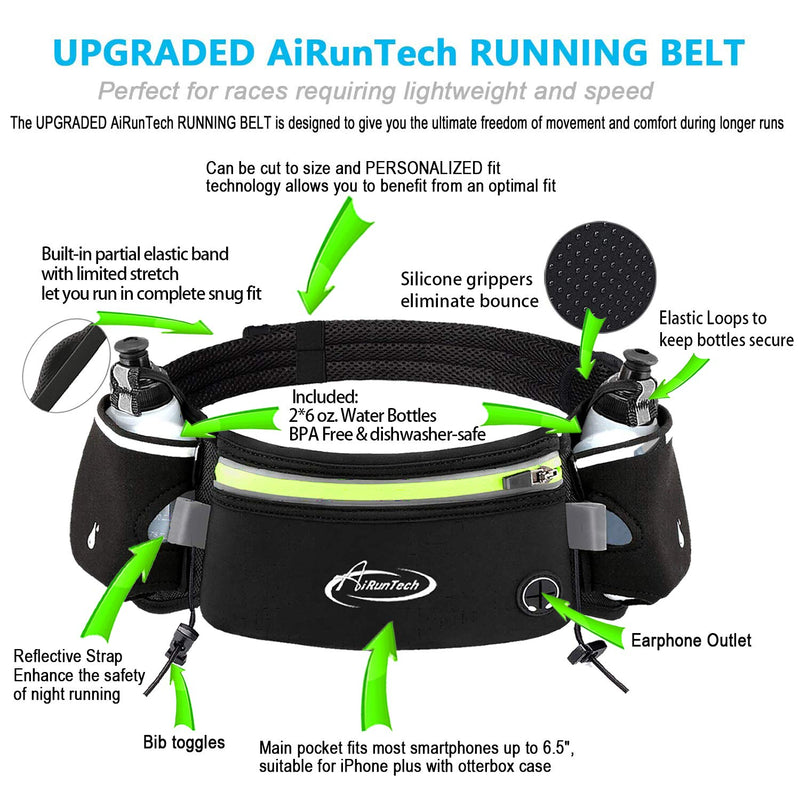 AiRunTech Hydration Running Belt with Bottles Zero Bounce Design for Running, Triathlon, Ironman, Marathon, 10K, 5K, Trail Fit for Most Smartphones BK+GN 2*6 OZ bottles - BeesActive Australia