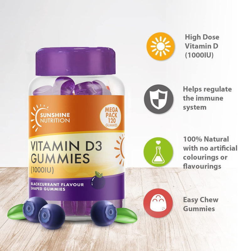 Daily Vitamin D Gummies for Adults - Contains 1000IU (25ug) VIT D3 Supplement for Immune Support - Easy Take Blackcurrant Flavour - 4 Month Supply - 120 Gummies - by Club Vits 120 Count (Pack of 1) - BeesActive Australia