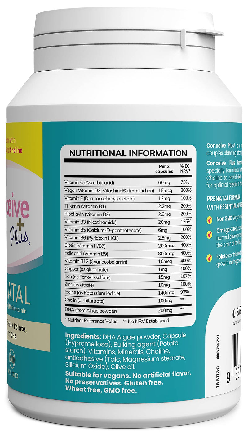 Conceive Plus Prenatal - Multivitamin + DHA, Choline, Folate. Non GMO Supplement During Pregnancy, 30 Days Supply, 60 Caps - BeesActive Australia