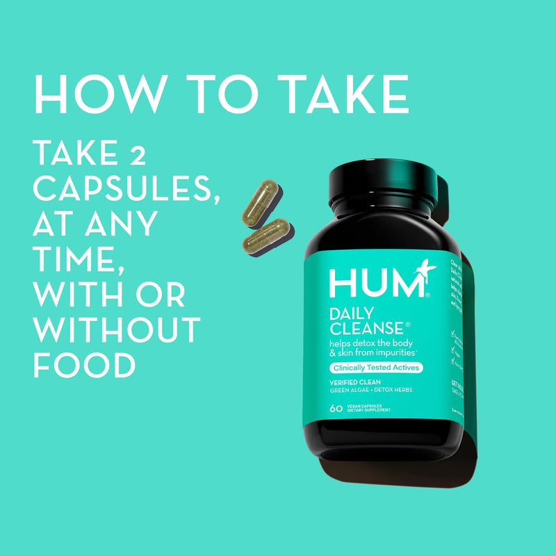 HUM Daily Cleanse Acne Supplements - Support for Clear Skin & Improved Digestion with Organic Algae, Detoxifying Herbs, Vitamins & Minerals - Skin Supplement for Women and Men (60 Vegan Capsules) - BeesActive Australia