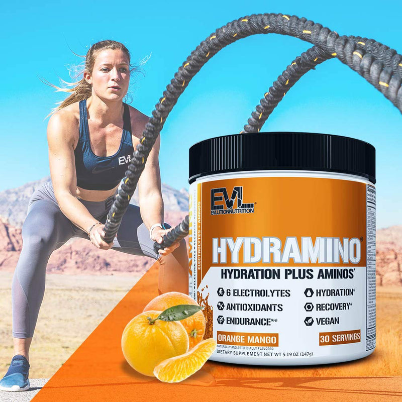 Evlution Nutrition HYDRAMINO Complete Hydration Multiplier, All 6 Electrolytes, Vitamin C & B, Fluid Boosting Aminos, Coconut Water, Endurance, Recovery, Antioxidants, 30 Serve, Orange Mango - BeesActive Australia