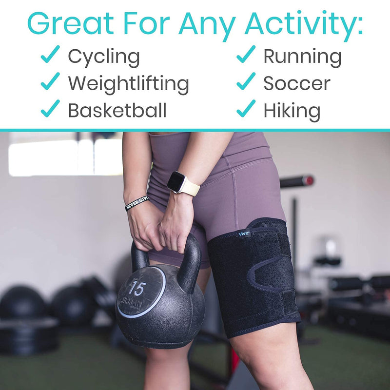 Vive Thigh Brace - Hamstring Quad Wrap - Adjustable Compression Sleeve Support for Pulled Groin Muscle, Sprains, Quadricep, Tendinitis, Workouts, Cellulite Slimmer, Sports Injury Recovery - Men, Women Black - BeesActive Australia