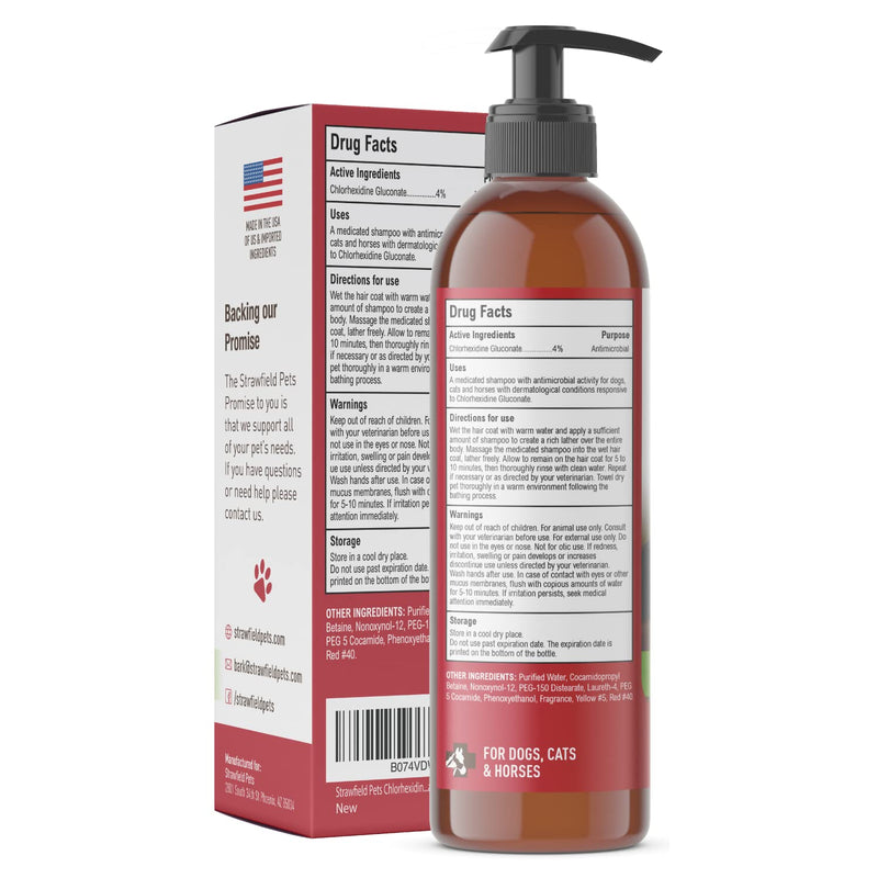 Strawfield Pets Chlorhexidine Shampoo for Dogs, Cats - 16 oz - Medicated Cat Dog Shampoo, Pet Wash for Dry Itchy Skin, Hot Spot Treatment, Mange, Odor, Yeast, Allergy Itch Relief, USA - BeesActive Australia