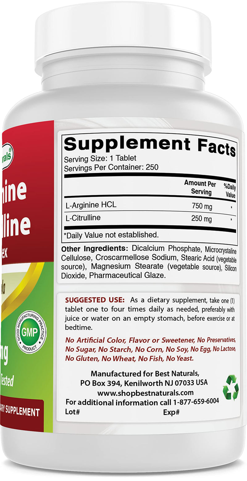 Best Naturals L-Arginine L-Citrulline Complex 1000 mg 250 Tablets (250 Count (Pack of 1)) 250 Count (Pack of 1) - BeesActive Australia