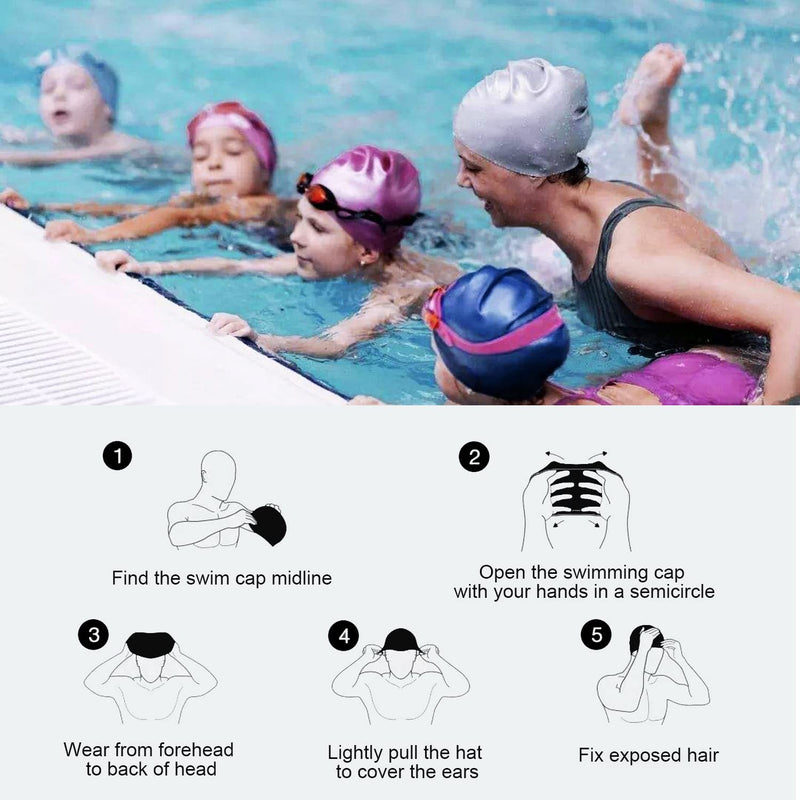Doovid Kids Swim Caps Waterproof Swimming Cap Toddler Boys Girls Bathing Caps Age 3-8 Long and Short Hair Silicone Swim Cap C White One Size - BeesActive Australia