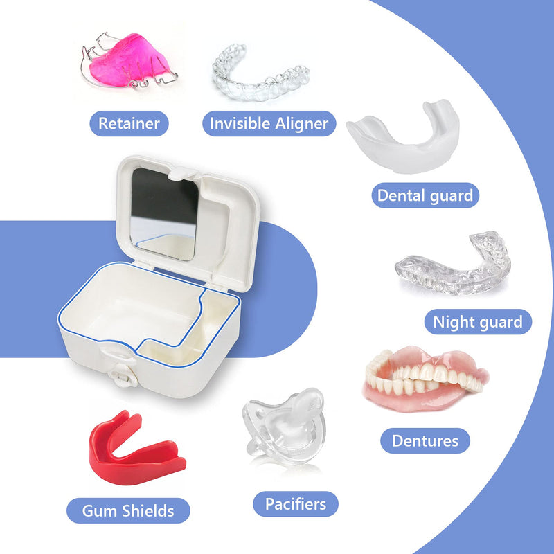 Denture Bath Case Cup Box with Mirror & Clean Brush, Portable Denture Holder Storage Soak Container for Travel Cleaning, Mouth Guard Night Gum Retainer Container - BeesActive Australia
