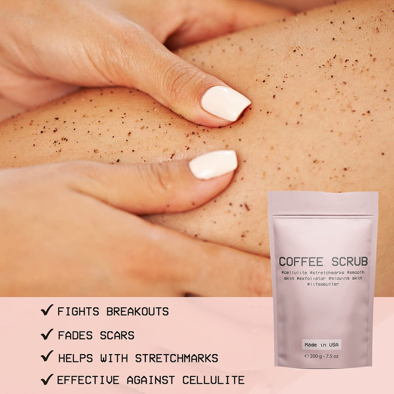 Life's Butter Exfoliating Natural Arabica Coffee Scrub effective against Cellulite, Stretch Marks, Scars, and Acne. Best skin exfoliation product with Organic Shea Butter and Organic Sweet Almond Oil - BeesActive Australia