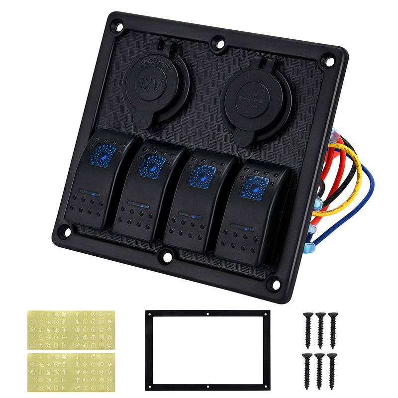 [AUSTRALIA] - Kohree 4 Gang Marine Boat Rocker Switch Panel, 12V Waterproof LED Lighted Toggle Switches Fuse Breaker Protected Control with 12 Volt Marine USB Power Outlet for Car Boat RV Scooter Truck Vehicles 