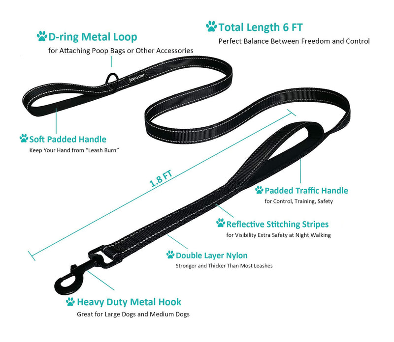 JEWOSTER Heavy Duty Dog Leash - 2 Handles by Padded Traffic Handle for Extra Control, 6foot Long - Perfect for Medium to Large Dogs 6 ft Black - BeesActive Australia