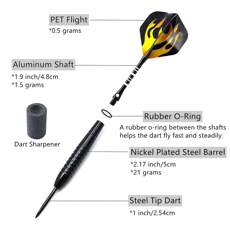 [AUSTRALIA] - Roobeeo Steel Tip Darts 12 Pack 23g Professional Steel Tip Darts Set with Nickel Steel Barrels&Aluminum Shafts,36 Dart Flights,20 Extra Rubber O-Rings,1 Dart Sharpener 