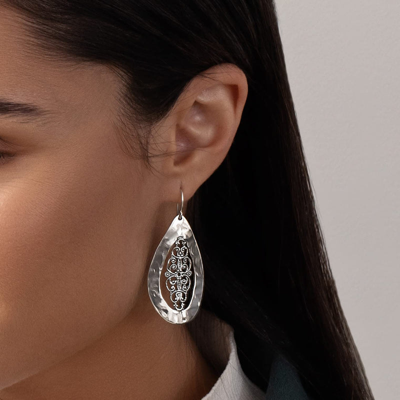 925 Sterling Silver Earrings Large Drop Shape Lace, Oxidized, Stylish, Hypoallergenic, Nickel and Lead-free, Artisan Handcrafted Designer Collection, French Wire Back, Made In Israel, Gift For Her - BeesActive Australia