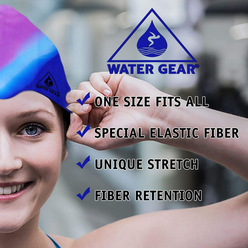 Water Gear Silicone Adult Swim Cap - Flexible Unisex Waterproof - Great for Short and Long Hair - Improve Your Performance - Women Men and Teens -Triathlon Swimmers and Athletes (Blue/Purple) - BeesActive Australia