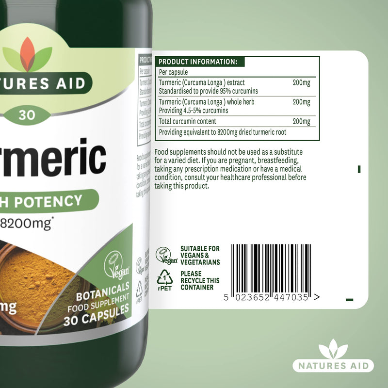 Natures Aid Turmeric 8200 mg, High Potency Extract plus Whole Herb, 200 mg Curcumins, Vegan, 30 Capsules 30 Count (Pack of 1) - BeesActive Australia