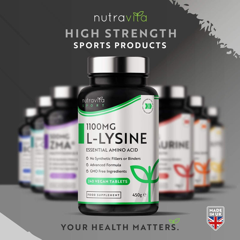 L-Lysine 1100mg High Strength - 240 Vegan & Gluten Free Tablets (8 Month Supply) - Cold Sore Treatment, Essential Amino Acid Supplement - Normal Growth and Muscle Turnover - Made in The UK - Nutravita - BeesActive Australia