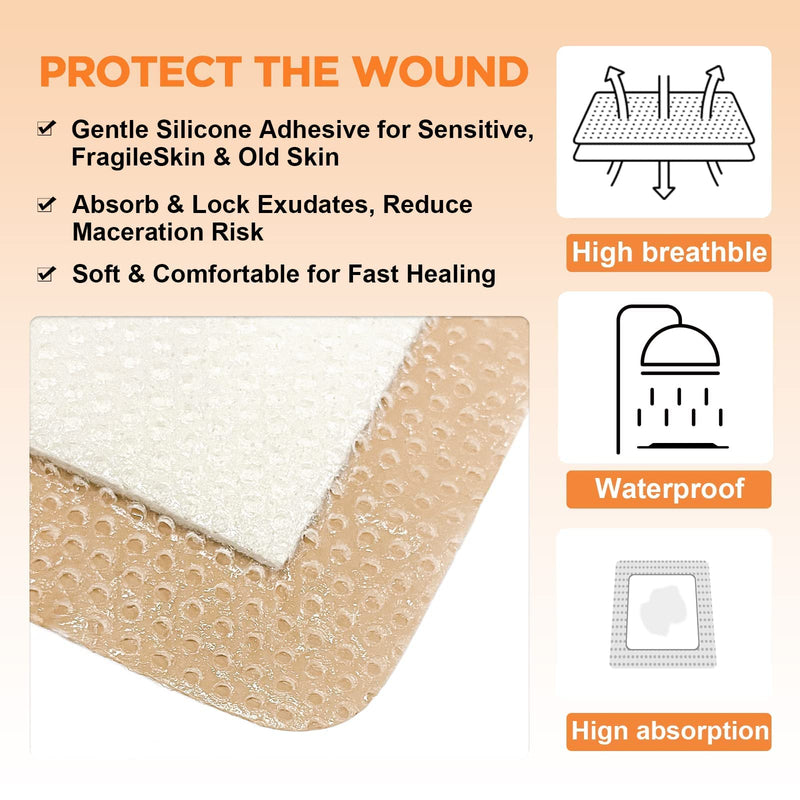 Carbou 10Pcs Silicone Foam Dressing 4"x 4"(10 cm x 10 cm) - with Border Adhesive Waterproof Central Ultra Absorbent-Foam (2.5" X 2.5") Square Dressing Waterproof Silicone Wound Bandage 4x4 Inch(Pack of 10) - BeesActive Australia