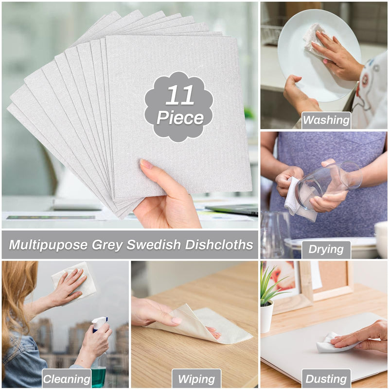 Lucomb 11 Pack Swedish Dishcloths for Kitchen, Reusable Kitchen Dish Rags Sponge Cleaning Cloths Cellulose Dishcloths for Kitchen Washing Dish Counters Grey - BeesActive Australia