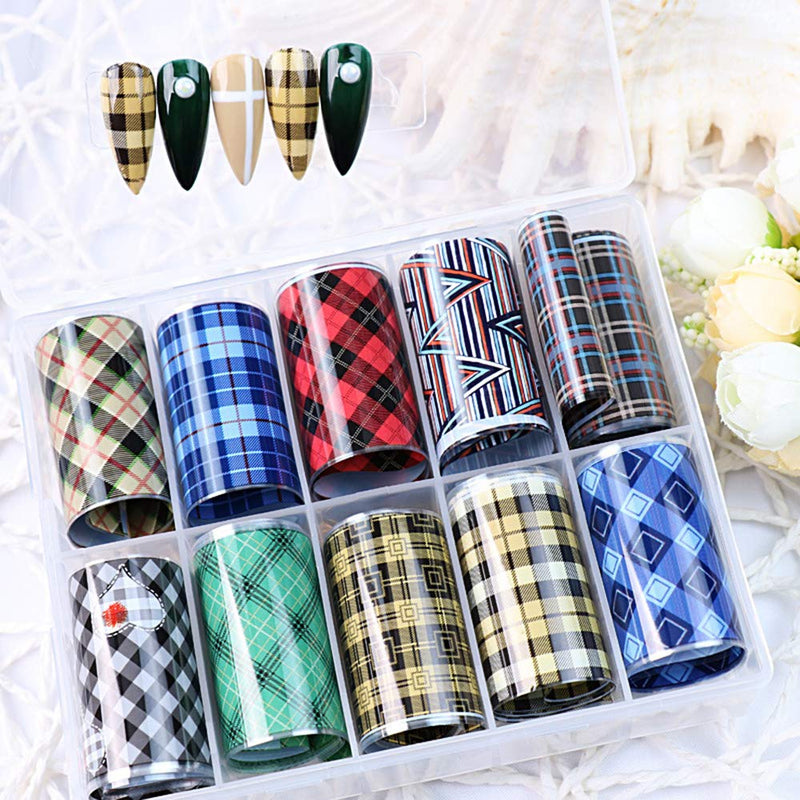 Nail Art Foil Transfer Stickers, Buffalo Plaid Design Nail Foil Adhesive Decals, Christmas Decals Foil Stickers Set Nail Tips Manicure Women and Girls Nail Art DIY (10 Rolls Mix Styles) - BeesActive Australia