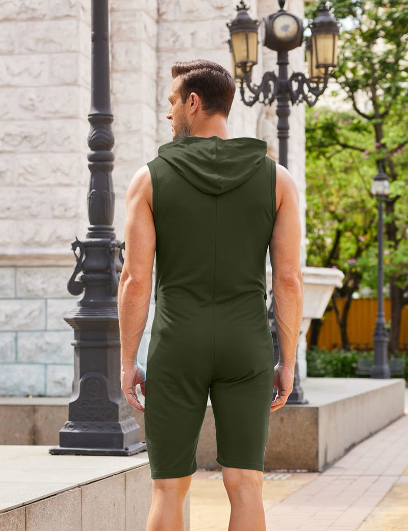 COOFANDY Mens Jumpsuits One Piece Shorts Casual Fashion Comfy Sleeveless Slim Fit Hooded Zipper Rompers Bodysuit with Pockets Army Green XX-Large - BeesActive Australia