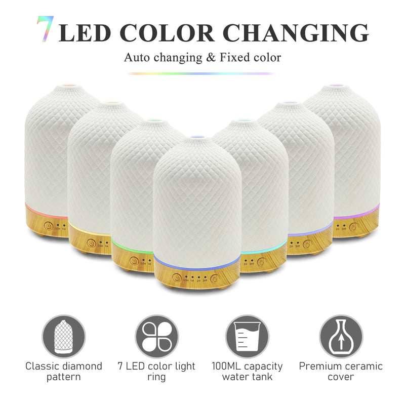 Essential Oil Diffuser Aromatherapy Air Cool Mist Diffuser 100ml Ceramic Aroma Scent Diffusers Humidifier with Auto Shut Off Ultrasonic Quiet/4 Timing Set/7 LED Lights for Home Office Sleep Lattice Wood - BeesActive Australia