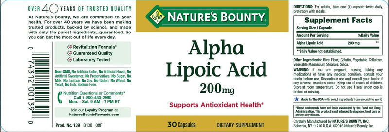 Nature's Bounty Alpha Lipoic Acid 200 mg, Unflavored, 30 Count - BeesActive Australia