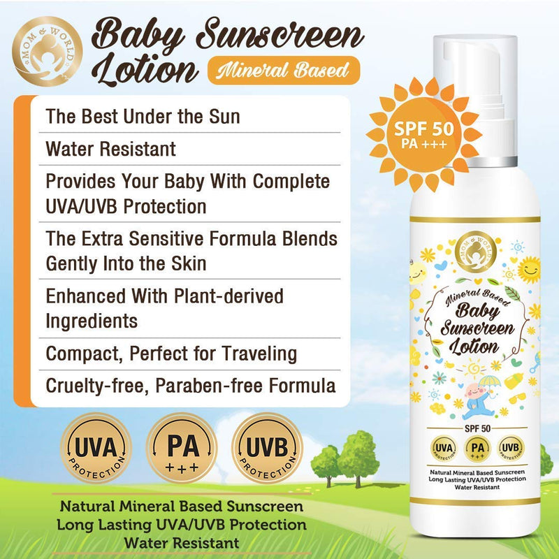 Mom & World Mineral Based Baby Sunscreen Lotion, SPF 50 PA+++, 120ml - UVA/UVB Protection, Water Resistance - BeesActive Australia