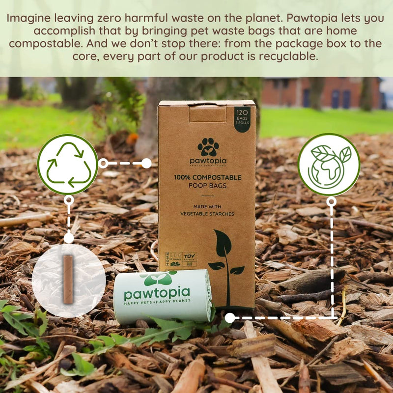 Pawtopia Certified Home Compostable Dog Poop Bags (120 Bags), Biodegradable Poop Bags, Cat Litter, Vegetable Starches, Eco-friendly Dog Waste Bags, Leak proof, Easy to Open, Give Back 120 Count (Pack of 1) Rolls only - BeesActive Australia