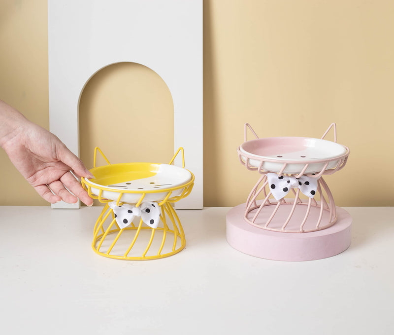 Ceramic Cat Food Bowls with Stand,Tilted Elevated Cat Bowl, Pet Food Bowl for Flat Faced Cats, Protect Pet's Spine, Dishwasher Safe… Yellow - BeesActive Australia