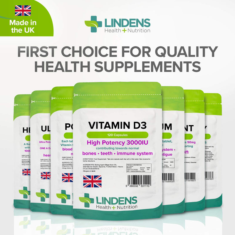 Lindens Vitamin D3 High-Potency 3000IU Capsules - 120 Pack - for Bones, Teeth, Immune System - 1500% NRV - UK Manufacturer, Letterbox Friendly - BeesActive Australia