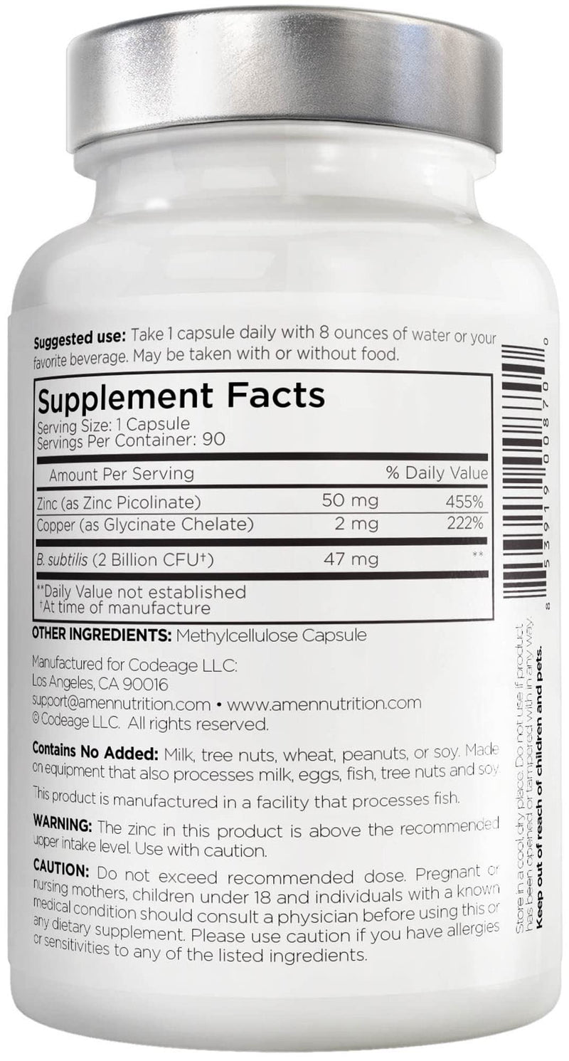 Zinc & Copper Supplement + Probiotics � 3 Months Supply � One Per Day - 50 mg Zinc Picolinate Vitamin Pills - Essential Minerals Supplements � 2 Billion CFUs Probiotic � Vegan, Non-GMO - 90 Capsules - BeesActive Australia