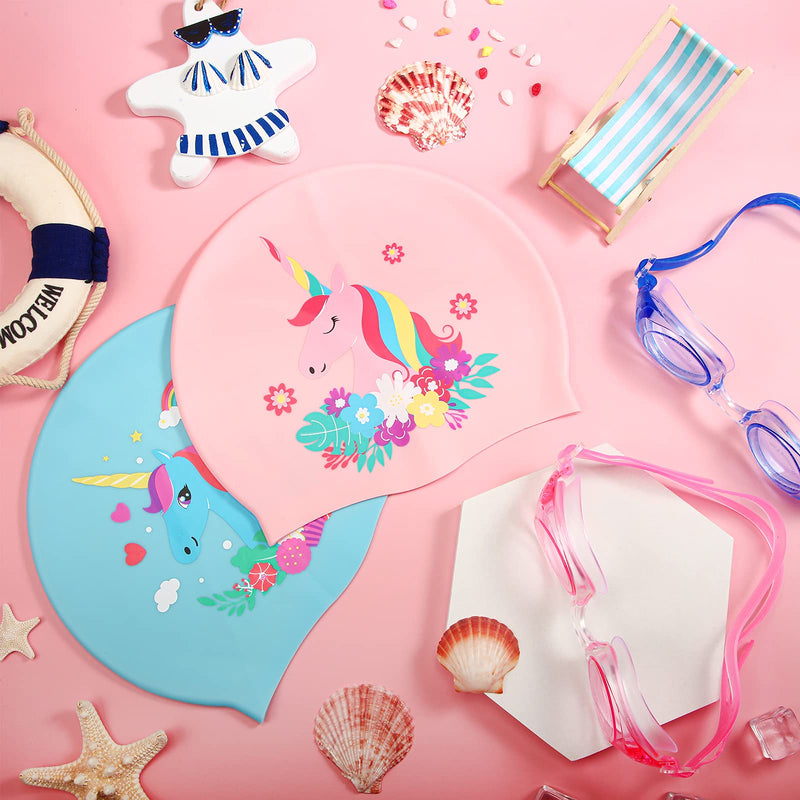 4 Pieces Swim Cap Kids Unicorn Silicone Waterproof Age 2-12 Cute Swim Caps with Goggles for Long and Short Hair Kids Children Boys Girls Toddler at Beach Pool Fun Lessons - BeesActive Australia