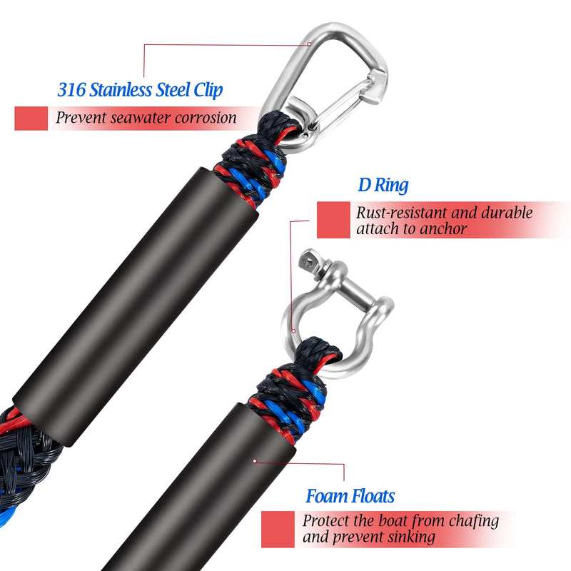 Boat Anchor Bungee Dock Line - PWC Buddy Rope Stretches 14-27ft for Jet Ski, Kayak, Quick Docking with Stainless Steel Clip, Built-in Snubber - BeesActive Australia