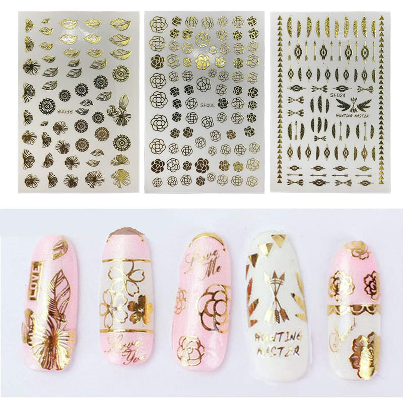 Ooopsiun 9 Sheets Gold Nail Art Stickers for Women - 3D Luxury Metallic Self- Adhesive Nail Decals Metallic Designs Nail Stickers for Women Kids Girls DIY Manicure Decorations - BeesActive Australia