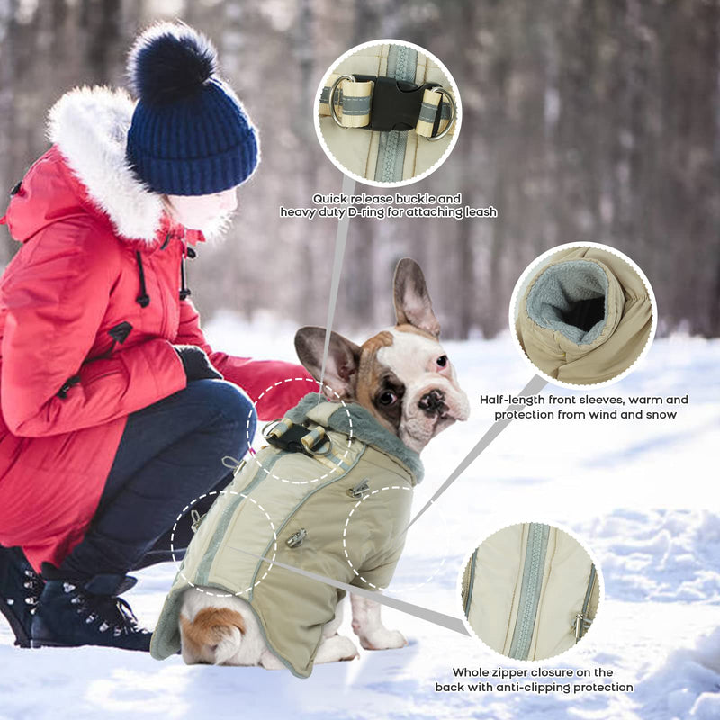 IDOMIK Dog Winter Coats Waterproof Windproof Cold Weather Jackets, Reflective High Collar Vests Warm Clothes With Harness, Thick Padded Fleece Snowsuits Pet Outfits Apparel For Small Medium Large Dogs X-Large Khaki - BeesActive Australia