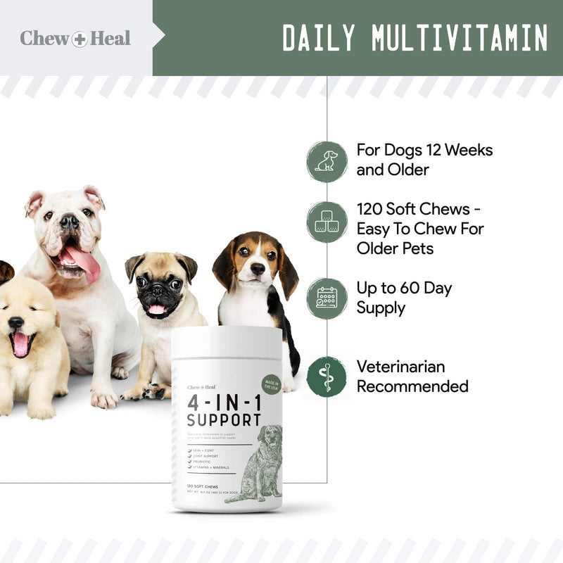 Chew + Heal All in 1 Dog Vitamin - Soft Chew Treats - Chewable Multivitamin with Probiotics, Digestive Enzymes, for Skin and Coat, Hip and Joint Support - with Omega, Calcium - Made in The USA 120 Count - BeesActive Australia