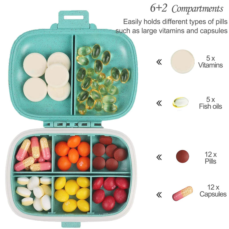 Daily Pill Box, Travel Pill Organisers, Portable Medicine Storage Box,Wheat Small Pill Dispenser with 8 Compartments for Purse.Waterproof White and Green Pill Case (2pcs (1* White + 1* Blue)) 2pcs (1* White + 1* Blue) - BeesActive Australia