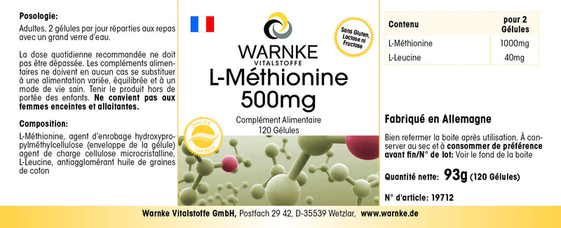 - L-Methionine 500mg - Vegan - 120 Capsules | Warnke Vitalstoffe - BeesActive Australia