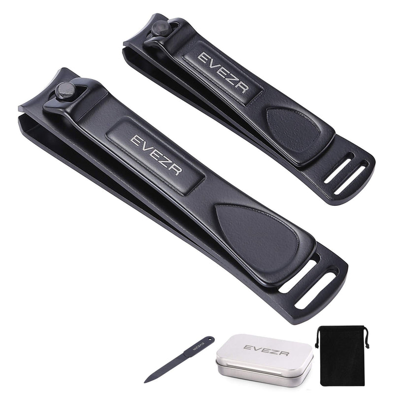 EVEZR Nail Clippers Heavy Duty 3Pcs Black Stainless Steel Manicure Pedicure Nail Tool For Fingernails & Toenails Include 2 Sharp Nail Clipper, 1 Nail File, Drawstring Bag, Metal Box. - BeesActive Australia