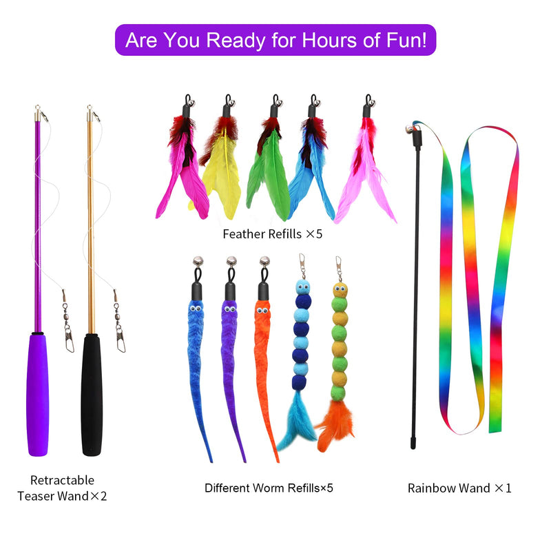 Cat Toys, Atosun 2PCS Retractable Cat Feather Toys, 10PCS Replacement Teaser Refill, 1PC Rainbow Ribbon Wand Interactive Kitten Toys for Indoor Cat Make Exercise - BeesActive Australia
