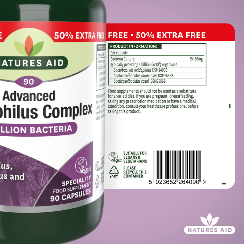 Natures Aid Acidophilus Complex, 5 Billion Bacteria, 90 Capsules (Lactobacillus Acidophilus, Lactobacillus Rhamnosus, Lactobacillus Casei, Good Bacteria, Shelf Stable, Vegan Society Approved) - BeesActive Australia
