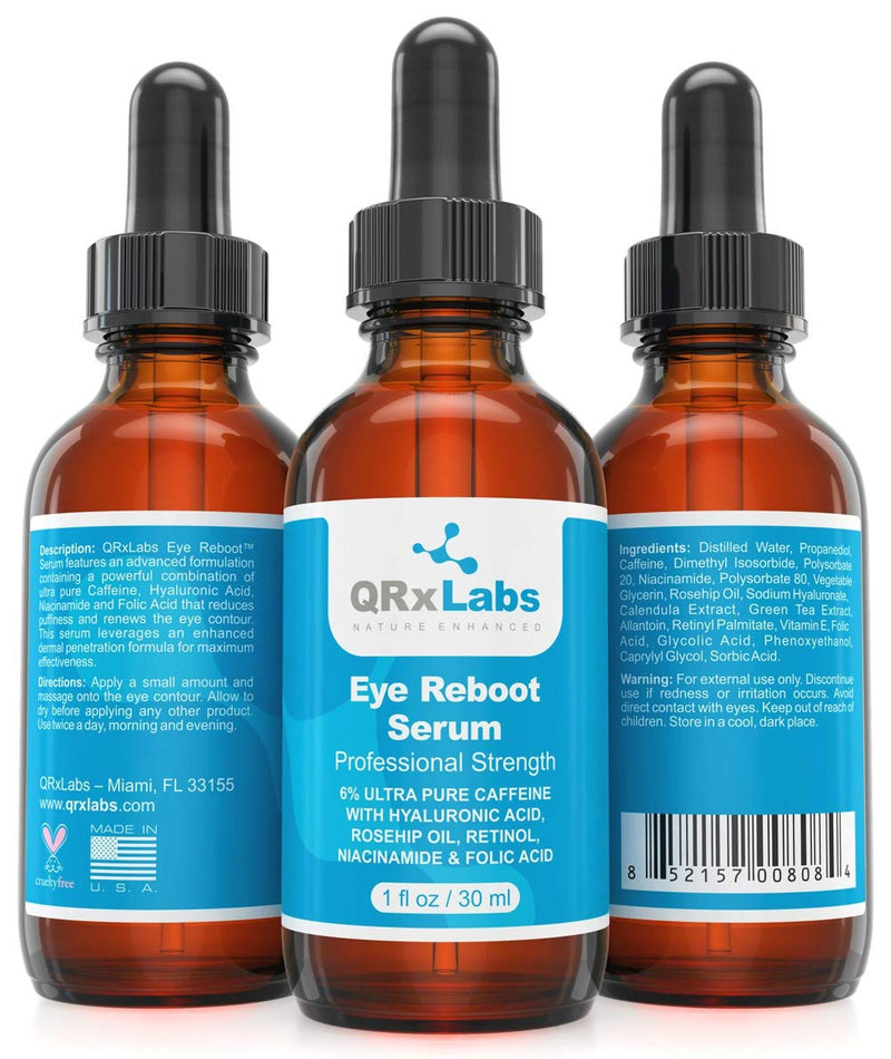 Eye Reboot Serum with 6% Caffeine, Hyaluronic Acid, Rosehip Oil, Retinol, Niacinamide & Folic Acid - Reduces Puffiness, Dark Circles, Crow Feet, Wrinkles and Fine Lines Around The Eyes - 1 oz / 30 ml - BeesActive Australia