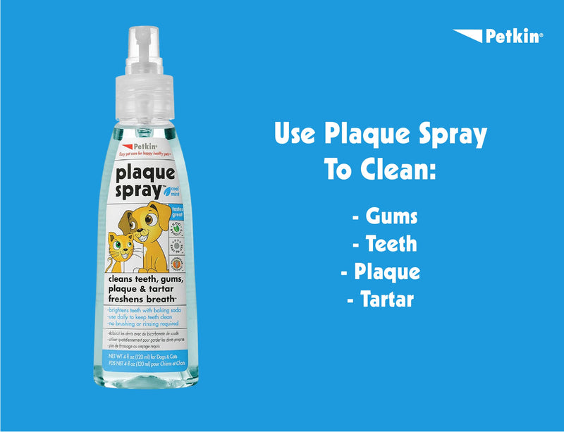 Petkin Plaque Spray, Cool Mint, 4 Fl Oz – Cleans Teeth & Gums, Removes Plaque & Tartar, Freshens Breath & Whitens Teeth with Baking Soda - Ideal Cat & Dog Dental Spray with No Brushing or Rinsing - BeesActive Australia