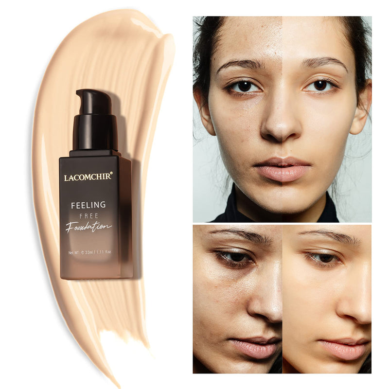 Lacomchir Feeling Free Foundation Liquid 33ml Long Lasting 24H High Coverage Makeup with Matte Finish Waterproof - Brighten Skin Tones and Fades Wrinkles Freckles - Vegan | Cruelty Free - LIGHT - BeesActive Australia