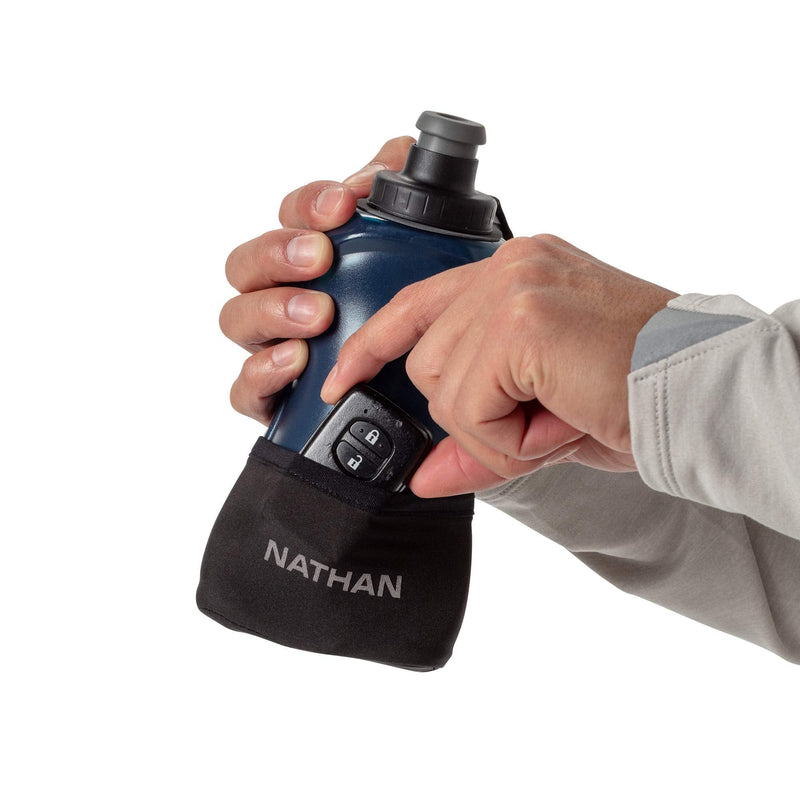 Nathan Running Handheld Quick Squeeze. No-Grip Adjustable Hand Strap. 12oz / 18oz / Insulated. Reflective Hydration Water Bottle. Black / Blue - BeesActive Australia