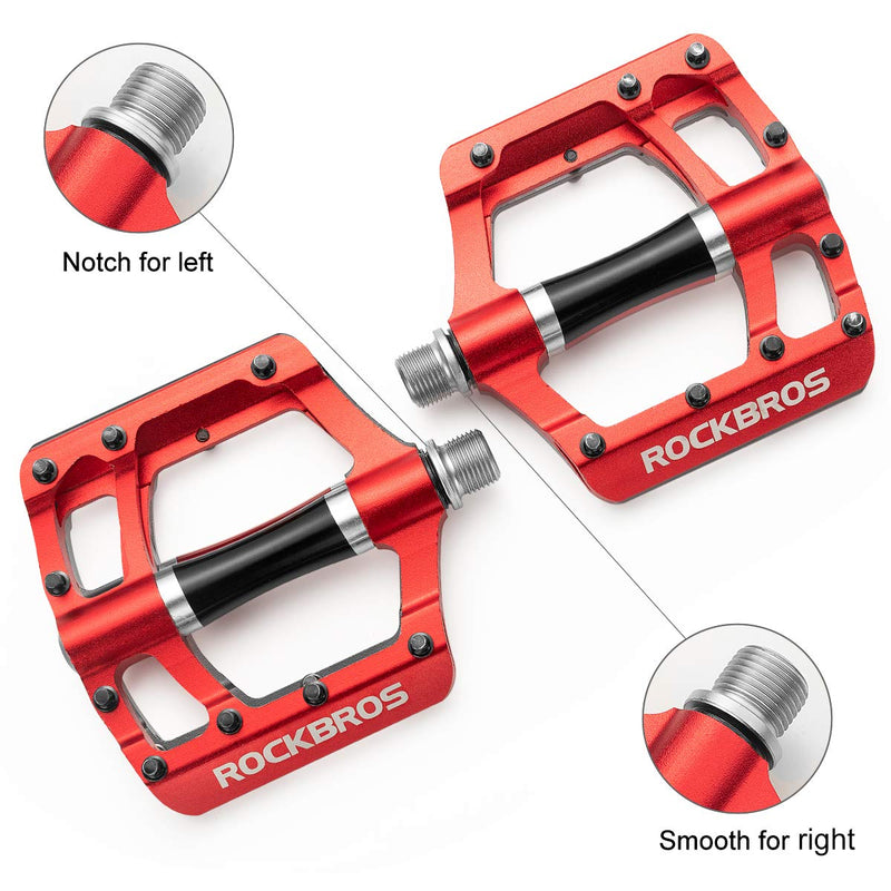 ROCKBROS Mountain Bike Pedals MTB Pedals Aluminum Bicycle Flat Platform Pedals Lightweight 9/16" Non-Slip Sealed Bearing for Road Mountain BMX MTB Bike Red - BeesActive Australia