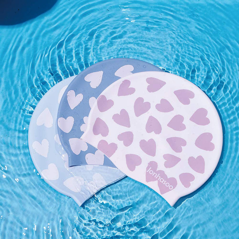 Jonhasoo Silicone Swim Cap for Women Swimming Caps with Cute Heart Printed Light blue - BeesActive Australia