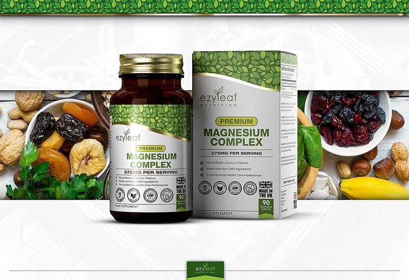 Ezyleaf Magnesium Complex | 375mg Pure Elemental Magnesium Per Serving | Magnesium Glycinate, Magnesium Malate & Magnesium Citrate | 90 Vegan Capsules | ISO Certified, Allergen & Gluten Free | UK Made - BeesActive Australia