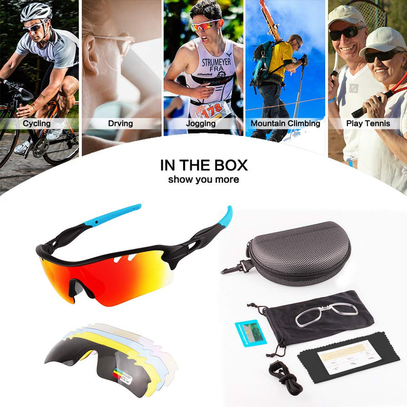 Xiyalai Polarized Sports Sunglasses with 5 Interchangeable Lenses,Mens Womens Cycling Glasses, Running Black Blue - BeesActive Australia