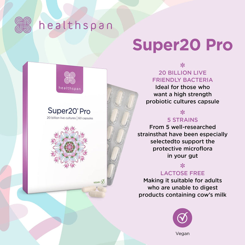 Healthspan Super20 Probiotic (60 Capsules) | Blend of 20 Billion Live Cultures from Five Strains | Promotes Friendly Gut Bacteria for Gut Health | Long Shelf Life and Lactose Free | Vegan 60 Count (Pack of 1) - BeesActive Australia