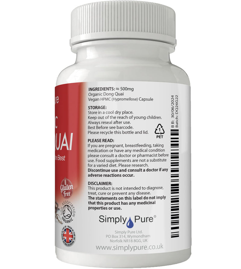 Simply Pure Organic Vegan Dong Quai Capsules x 90, 100% Natural Soil Association Certified, 500mg, Gluten Free and GM Free - BeesActive Australia